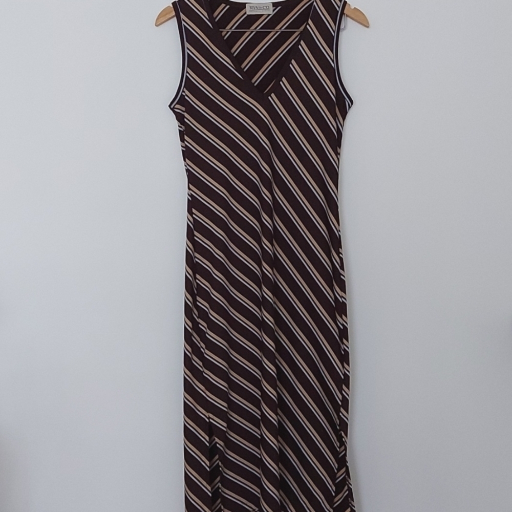 RW&CO 90s/Y2K Midi Bodycon Dress Vneck with Diagonal Stripes, Side Slits. - Picture 2 of 6